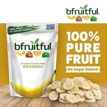 bfruitful Freeze-Dried Banana, Freeze Dried Fresh Fruit Bites, Gluten Free, Vegan, Dairy Free, Kosher, No Sugar Added, Non GMO, Healthy Snacks for Kids or Adults, 0.56 oz Single-Serve Snack Packets, 12 Pack