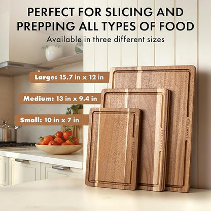 Acacia Wood Cutting Board for Kitchen, Non-Toxic Cutting Board Set of 3, Chopping Boards with Deep Juice Groove for Meat, Cheese & Vegetables - Durable & Double sided with serving Compartments
