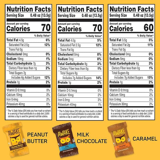 AWAKE - Caffeinated Chocolate Bites - 50mg Caffeine - Variety Pack (3 Flavors), 50 Bites - Peanut Butter, Milk, & Caramel - Energy Bites - Coffee Alternative - Fairtrade, Gluten Free, Non GMO - 0.48oz