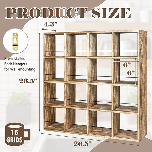 Montex Coffee Mug Holder, Mug Rack Wall Mounted, 3 Tier Coffee Mug Shelf, Rustic Coffee Mug Display Rack for Kitchen, Home, Coffee Bar(16 Grids)