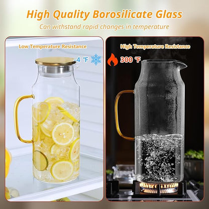 2 Liter 68 oz Glass Pitcher with Lid and Spout, Gold Glass Water Pitcher for Fridge, Glass Carafe for Hot/Cold Water, Large Jug for Iced Tea, Coffee, Juice and Homemade Beverage