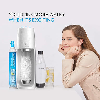 SodaStream One Touch Electric Sparkling Water Maker Bundle (White) with CO2, BPA free Bottles, and 0 Calorie Fruit Drops Flavors