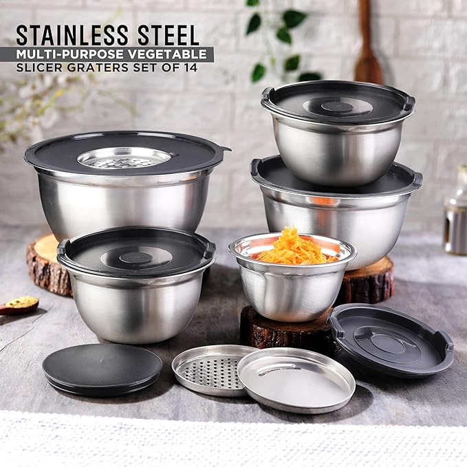 AVADOR Premium Stainless Steel Mixing Bowls Sets Brushed Stainless Steel Mixing Bowl Set, Easy To Clean, Space Saving, Great for Cooking, Baking, Prepping Needs (8 pc with Lid and Grater)