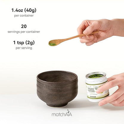 MatchAiA Organic Ceremonial Matcha Green Tea Powder - Premium Ceremonial Grade, First Spring Harvest, USDA Certified, 100% Pure - Sugar Free, Gluten Free (40g / 1.4oz Tin)