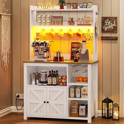 Itaar 35.4 inch Bakers Rack with Power Outlet and Storage, Farmhouse Coffee Bar Cabinet, Microwave Stand Kitchen Cabinet with Hutch, LED Lights, Wine Glass Holder and 8 Hooks，White