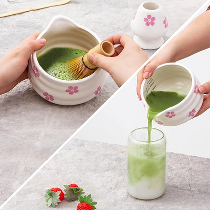 5pcs Premium Matcha Set,Ceramic Bowl with Spout and Bamboo Whisk set, Ceremonical Matcha Kit for breakfast/latte,Tea Starter Making Kit,Unique Matcha Gift set (sakura)