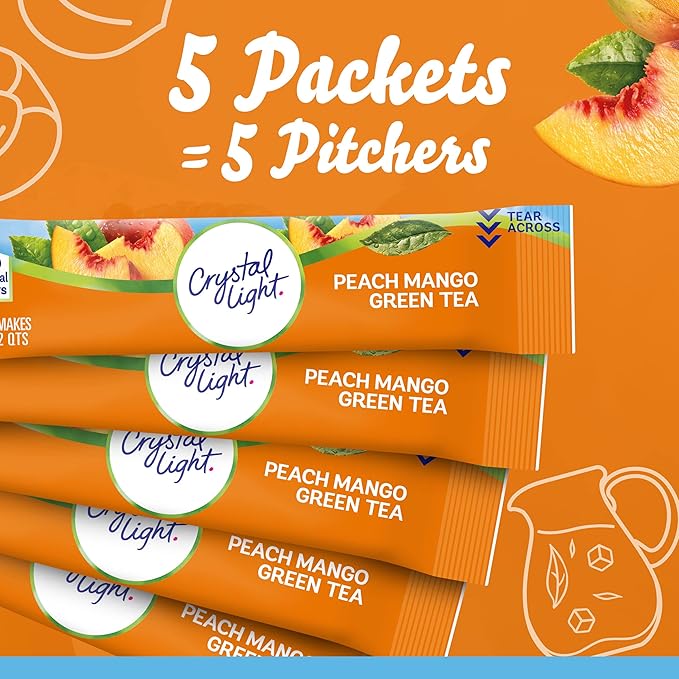 Crystal Light Peach Mango Green Tea Naturally Flavored Powdered Drink Mix, 60 ct Pack, 12 Canisters of 5 Pitcher Packets