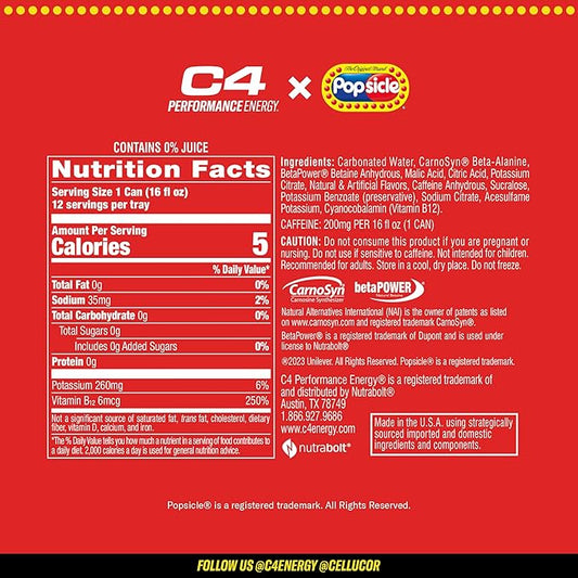 C4 Energy Drink x Popsicle Variety Pack, Carbonated Sugar Free Pre Workout Performance Drink with no Artificial Colors or Dyes, 3 Flavors - Grape, Hawaiian Pineapple, and Cherry, 16 Oz, Pack of 12