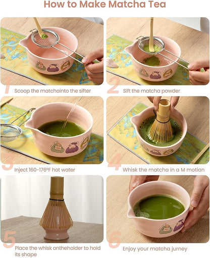Matcha Whisk Set, 7 Pcs Pink Matcha Set Includes Matcha Bowl,Matcha Whisk and Holder, Bamboo Scoop, Scoop Rest, Sifter and Tea Towel -Matcha Kit for Matcha Lovers