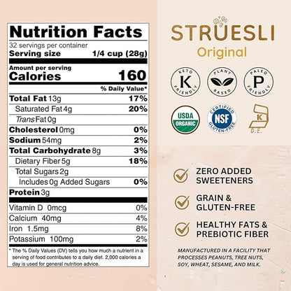 Struesli Original Organic Granola, Grain & Gluten Free, Healthy Snacks with Chia Seeds, Nuts & Sea Salt, Prebiotic High Fiber Food for Yogurt, Cereal & More, Plant Based, Keto & Paleo Friendly, 32 Oz