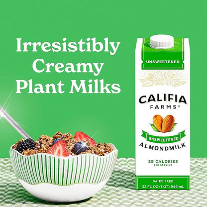 Califia Farms - Unsweetened Almond Milk, 32 Oz (Pack of 6), Dairy Free, Vegan, Plant Based, Keto Food, Shelf Stable, Vegan, Gluten Free, Non GMO, Sugar Free, High Calcium, Smoothie