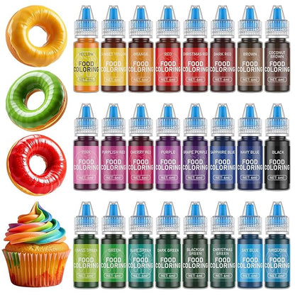 Food Coloring for Baking-24 Color Food Grade Vibrant Cake Coloring Liquid Set for Cake Decorating, Baking, Cookies, Easter Egg, Making DIY Supplies Kit- 0.25 Fl. oz (6 ml)/Bottles