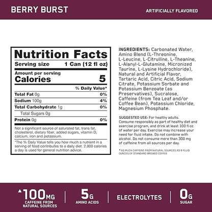 Optimum Nutrition Amino Energy Sparkling Hydration Drink, Electrolytes, Caffeine, Amino Acids, BCAAs, Sugar Free, Berry Burst, 12 Fl Oz, 12 Pack