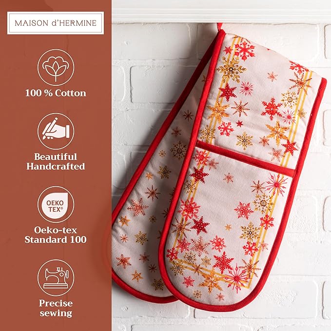 Maison d' Hermine Double Oven Mitts 100% Cotton 7"x35" Double Oven Mitt Heat Resistant BBQ Cooking Gloves with Loop, Baking, Grilling, Home, Kitchen, Handling Hot Pans (Crystal Star)