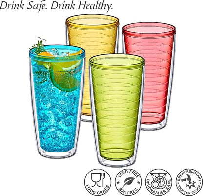 Amazing Abby - Alaska - 24-Ounce Insulated Plastic Tumblers (Set of 4), Double-Wall Plastic Drinking Glasses, Mixed-Color Reusable Plastic Cups, BPA-Free, Shatter-Proof, Dishwasher-Safe