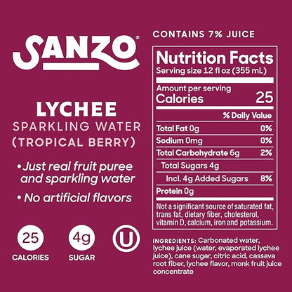 Sanzo Flavored Sparkling Water - Tropical Berry Seltzer (Lychee) - Low Calorie Low Sugar Soda - Craft Asian Drinks - Vegan Gluten Free Carbonated Flavored Water - Fizzy Healthy Drinks - 12oz, 12 Pack