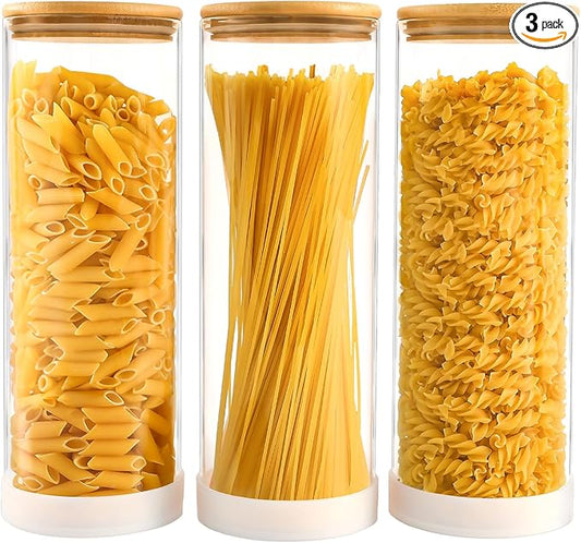 73oz Round Glass Storage Containers with Bamboo Lids – 3 Pack Large Airtight Clear Food Jars for Pantry Organization, Kitchen Dry Food, Flour, Pasta, Coffee Beans, Staples & Snacks