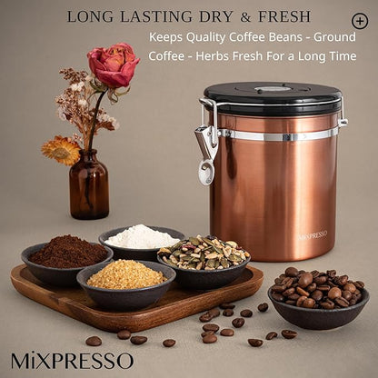 Mixpresso 16 Oz Copper Coffee Canister, Stainless Steel Airtight Coffee Container, Ground and Bean Storage with Date Tracker, Vacuum Sealed Espresso Airtight Container, Sugar Container