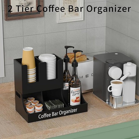 Coffee Station Organizer, Wooden Coffee Bar Organizer for Countertop, Condiment and Cup Storage Organizer, Bar Accessories for Kitchen, Office, Home, Small Black