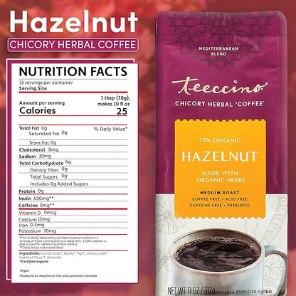 Teeccino Chicory Coffee Alternative - Hazelnut - 11 Ounce - Ground Herbal Coffee That’s Prebiotic, Caffeine Free & Acid Free, Medium Roast