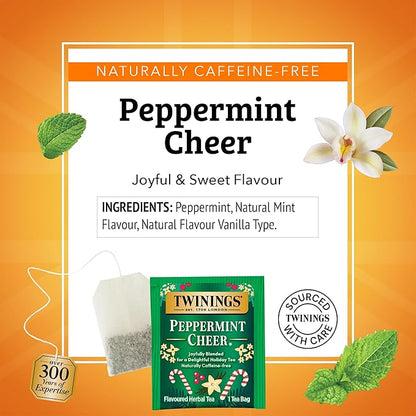 Twinings Peppermint Cheer Herbal Tea Individually Wrapped Bags, 20 Count (Pack of 6), Peppermint & Creamy Vanilla, Naturally Caffeine-Free, Enjoy Hot or Iced, 120 Teabags
