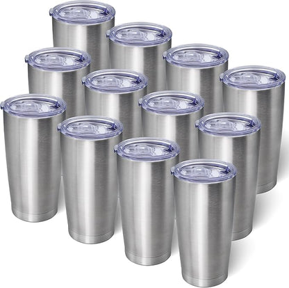 20oz Tumbler Bulk Stainless Steel Tumblers with Lid Vacuum Insulated Double Wall Travel Coffee Mug Powder Coated Tumbler Cup for Hot and Cold Drinks(Stainless Steel, 12 pack)