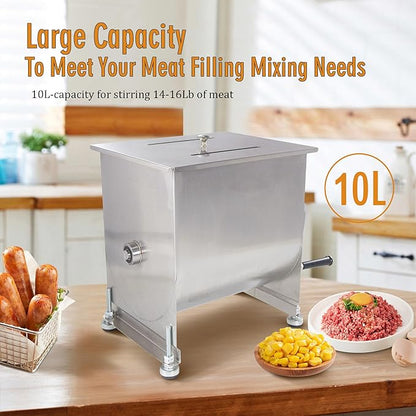 CMI Commercial Stainless Steel Manual Meat Mixers with lid,20Lb/10L Fixed Tank,(Mixing Maximum 15Lb for Meat),Sausage Mixer Machine Meat Processing Equipment