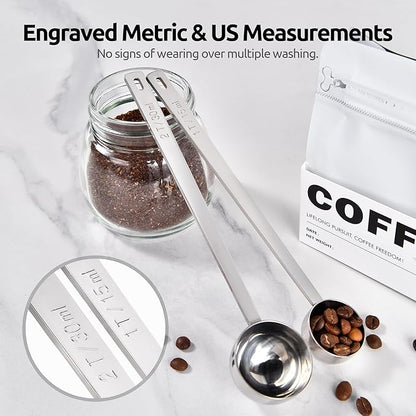 U-Taste Coffee Scoop 1&2 Tablespoon: 18/8 Stainless Steel Measuring Scooper for Ground Coffee, Bean, Powder, Espresso, 6.9in Long Handle Metal Meaure Spoon for Canister, Jar(1&2Tbsp/15&30ml, Silver)