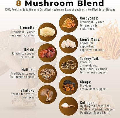 PowderVitamin Organic Mushroom Coffee Certified Mold & Mycotoxin-Free GrassFed Collagen Types I & III 8 Fruiting Body Mushrooms Tested for Beta-Glucans Focus Energy Digestion & Immunity 30 Servings