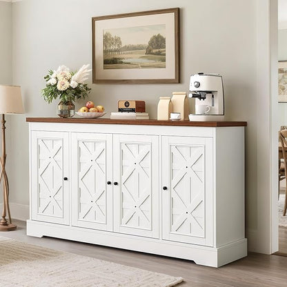 YITAHOME Sideboard Buffet Cabinet with Storage, 59" Buffet Storage with 4 Doors, Modern Farmhouse Coffee Bar Station Wood Kitchen Table with Adjustable Shelves for Kitchen, Living Room (White)