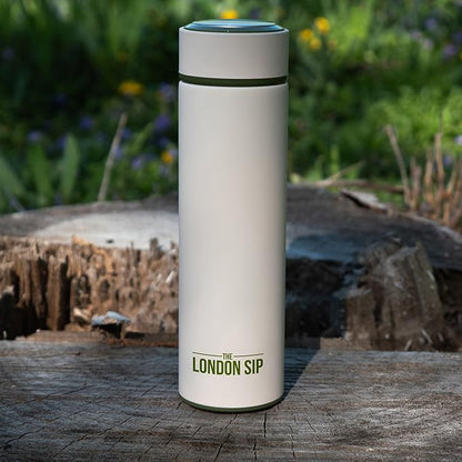 London Sip 16.9 oz Multi-Purpose Tea Infuser Mug – Fruit Infuser Water Bottle for Hot and Cold – Double Wall Stainless Steel Insulated, Safari Beige