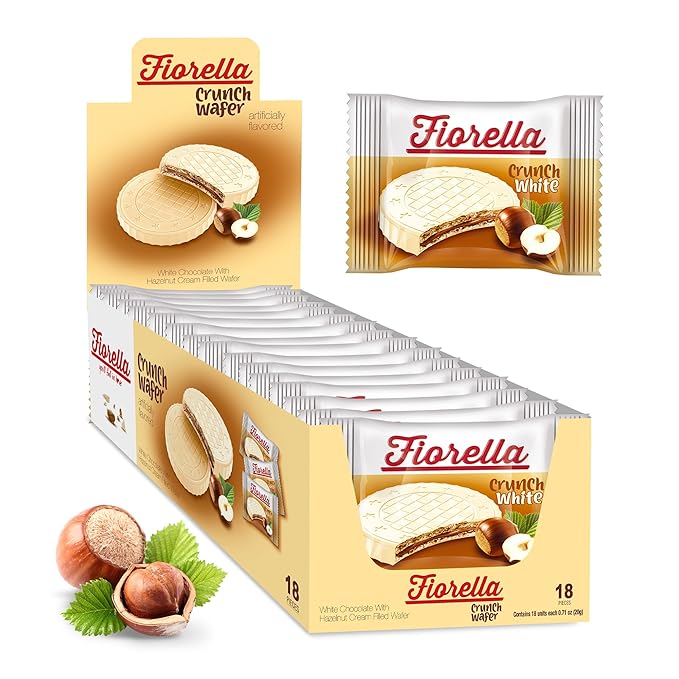 Fiorella Crunch Wafer Cookies, White Chocolate Covered Crispy Thin Crunch Wafers with Hazelnut Cream Filling, Chocolate Biscuits, 18 Individually Wrapped Snacks, Pack of 1