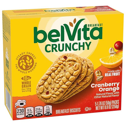 belVita Breakfast Bars Biscuits, Cranberry Orange, 30 Total Packs, 6 Boxes (4 Biscuits Per Pack)