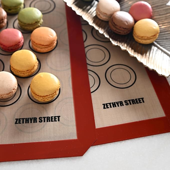 Macaron Silicone Baking Mats - Set of 2 - Full Size - 16.5 x 24, Non-Stick Macaron Mat for Perfect Baking - Dishwasher & Oven Safe, Ideal for Macarons, Cookies, Bread, Red Border