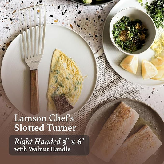 Lamson 3' x 6" Chef's Slotted Turner with Walnut Handle - Right-Hand