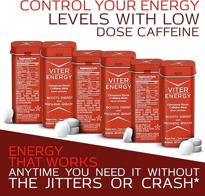 Viter Energy Caffeine Mints (120 Pieces) - 40mg Caffeine, Sugar Free, Vegan, B Vitamins Complex, Energy Supplement Caffeine Pills (Cinnamon, 6 Pack)