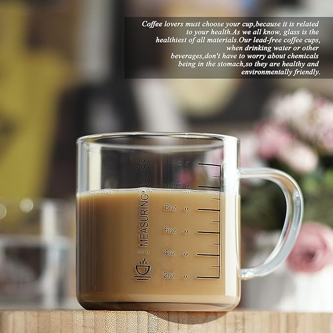 LUXU Glass Coffee Tea Cups Set of 2,Clear Coffee Mugs for Hot or Cold Beverages,Large Wide Mouth Drinking Glasses,Perfect for Mocha,Latte,Milk,Cappuccino,Water and Juice -14 oz Measuring Cups