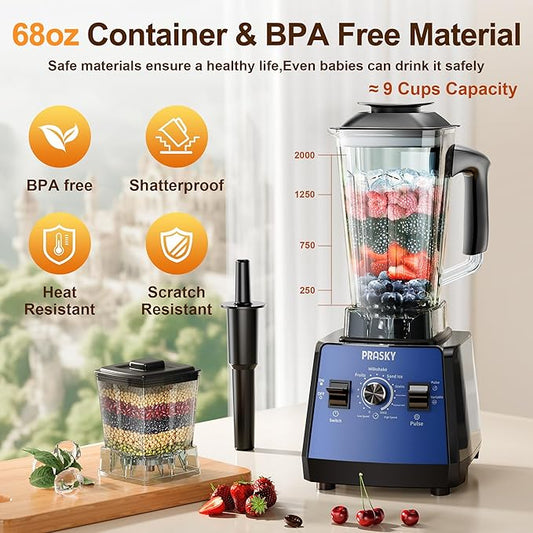 Blenders for Kitchen, Commercial Blender,2400W PRASY Food Processor with 101oz Juice & Grinder Jar, BPA-Free, 25000 RPM Blenders for Smoothies, Ice Crushing, Frozen Fruit (Blue, 2L)