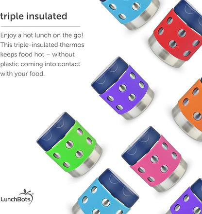 LunchBots Thermal 8 oz Triple Insulated Thermos - Hot 6 Hours or Cold 12 Hours - Leak Proof Thermos Soup Jar - All Stainless Interior - Navy Lid - Green Dots