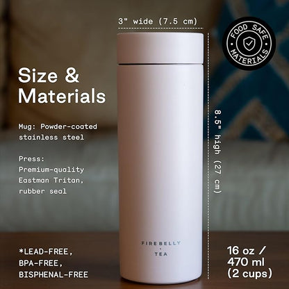 Firebelly Tea, Travel Tea Infuser Mug with Strainer, Insulated Tumbler for Loose Leaf Tea or Coffee, Leakproof Bottle for Hot or Iced Drinks, Stainless Steel Thermos with Lid, Salmon