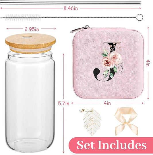 AYGXU Personalized gifts for bridesmaid,16oz glass cups with lid and straw,Jewelry Organizer,Graduation Travel Gifts for Women,Personalized Travel Mini Jewelry Case,Initial J pink
