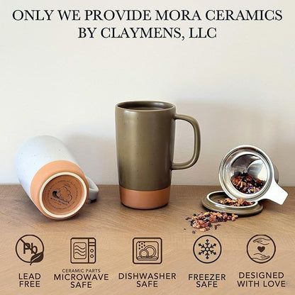 Mora Ceramics Large Tea Mug with Loose Leaf Infuser and Ceramic Lid, 18 oz, Portable, Microwave and Dishwasher Safe, Tall Coffee Cup - Rustic Matte Ceramic Glaze, Modern Herbal Tea Strainer, Olive