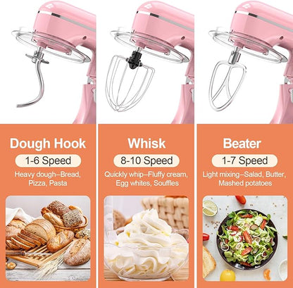 3-IN-1 Electric Stand Mixer, 6.5QT Bowl 660W 10-Speed Kitchen Mixer, Household Food Mixers include Dough Hook, Beater and Whisk, Bread Cake Mixer for Baking and Most Home Cooks, Pink