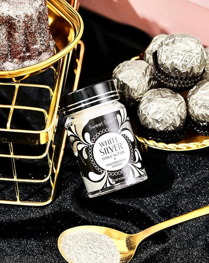 Sweet Spell Edible Glitter (15g) - Shimmer Sparkles for Drinks, Cakes, Cocktails - 100% Edible & Food Grade Glitter, Vegan, Gluten-Free (White Silver)