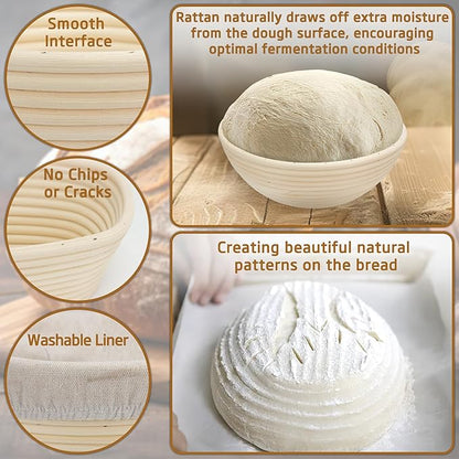 Banneton Bread Proofing Basket 7 Inch Sourdough Baking Rising Banaton Proofer Box Warmer Baskets Oval Round Bowl Cover Bowls Making Small Bulk Set of 2 Kit Supplies Tools Rattan for Home Bakers Gifts
