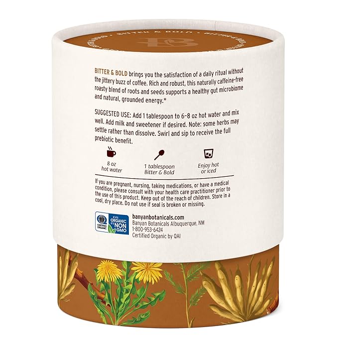 Banyan Botanicals Bitter & Bold – Organic Caffeine-Free Herbal Coffee Alternative – Milk Thistle, Chicory, and Dandelion Coffee Alternative – 3.5 oz, 16 servings – Fair for Life, Non-GMO, Vegan
