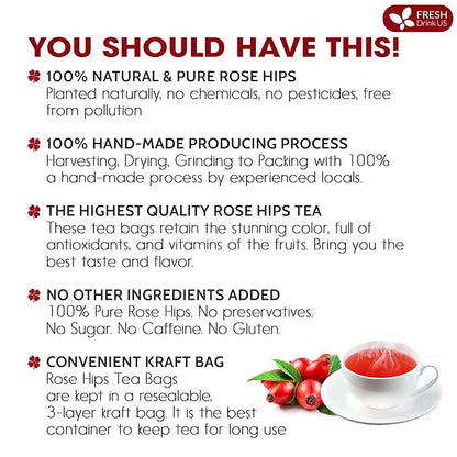 FreshDrinkUS, Premium 30 Rosehip Tea Bags, 100% Natural & Pure from Rose Hip Fruits. Loose Rosehip Herbal Tea. Made with Natural Material Tea Bags. No Sugar, No Caffeine, No Gluten, Vegan.