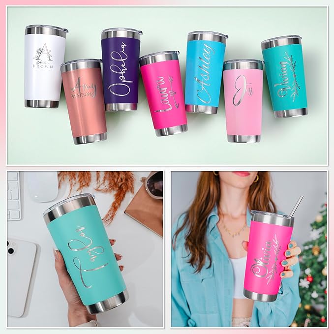 Personalized Tumbler with Engraved Name - 12 Designs, 20 Oz Coffee Tumbler with Slider Lid, White, Double Wall Insulated - Custom Gifts for Women