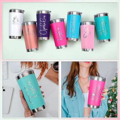 Personalized Tumbler with Engraved Name - 12 Designs, 20 Oz Coffee Tumbler with Slider Lid, White, Double Wall Insulated - Custom Gifts for Women