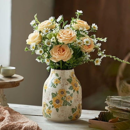 Vintage Ceramic Vase, 7.7 Inch Chinoiserie Sunflower Floral Vases, Rustic Farmhouse Antique Flower Vases for Home Decor Modern Aesthetic Tuscan Decorations (Conical)